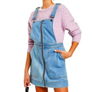 Wild Fable‎ Dress Zip Front Square Neck Overalls Denim Pinafore Mini Short M New